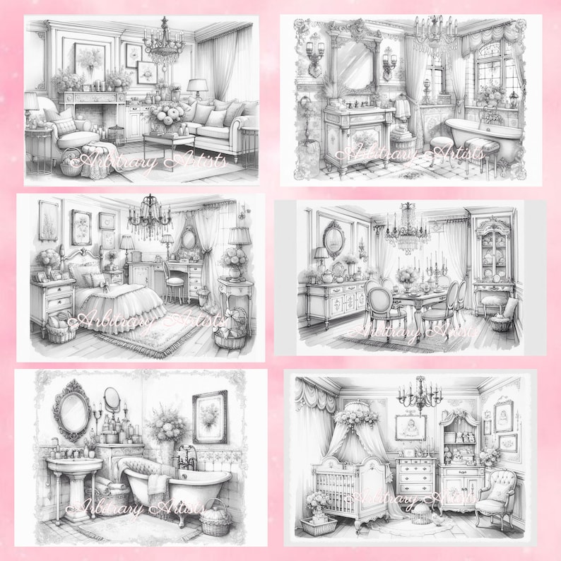 Puede incluir: Un conjunto de seis ilustraciones en blanco y negro que representan diferentes habitaciones de una casa lujosa. Las habitaciones incluyen una sala de estar, un ba&ntilde;o, un dormitorio, un comedor, una guarder&iacute;a y otro ba&ntilde;o. Cada habitaci&oacute;n est&aacute; decorada con muebles y accesorios ornamentados, como candelabros, chimeneas y arreglos florales.