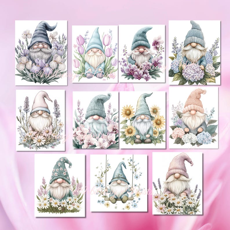 May include: Set of ten digital illustrations featuring gnomes with different floral arrangements. Each gnome is wearing a blue or pink hat and has a white beard. The flowers include sunflowers, hydrangeas, lavender, and daisies.