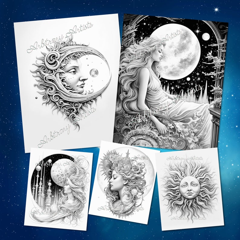 Puede incluir: Cinco ilustraciones en blanco y negro de cuerpos celestes, incluyendo una luna creciente, una luna llena, un sol y dos mujeres con el pelo suelto. Las ilustraciones son de estilo caprichoso y presentan detalles intrincados.