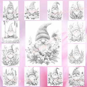 May include: A set of 10 black and white coloring pages featuring gnomes surrounded by flowers. The gnomes are wearing hats and have beards. The flowers are various types, including roses, lilies, and tulips.