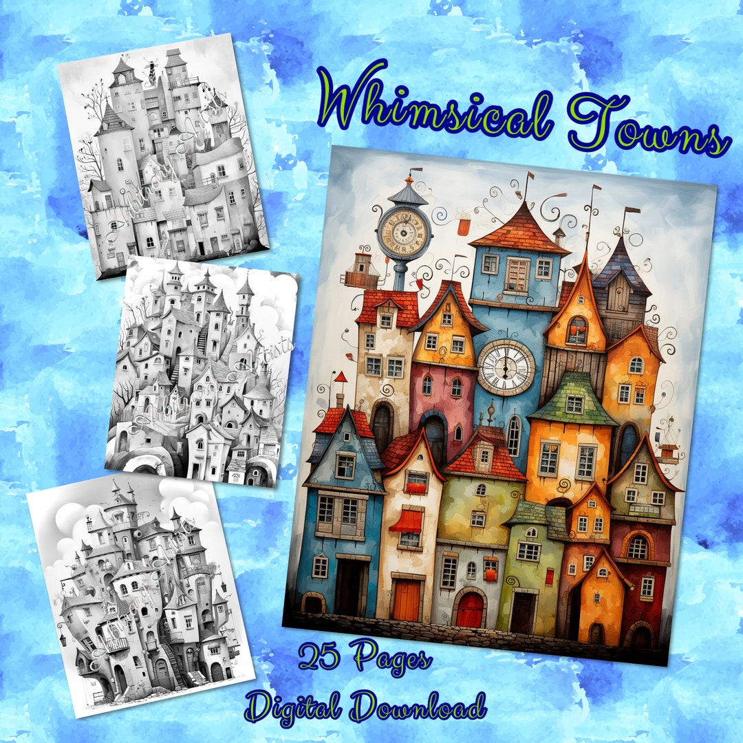Whimsical Towns 25 Grayscale Coloring Pages - Etsy