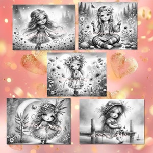 May include: Set of five black and white illustrations featuring girls with flowers and nature scenes. The illustrations are in a whimsical style and would be great for coloring.