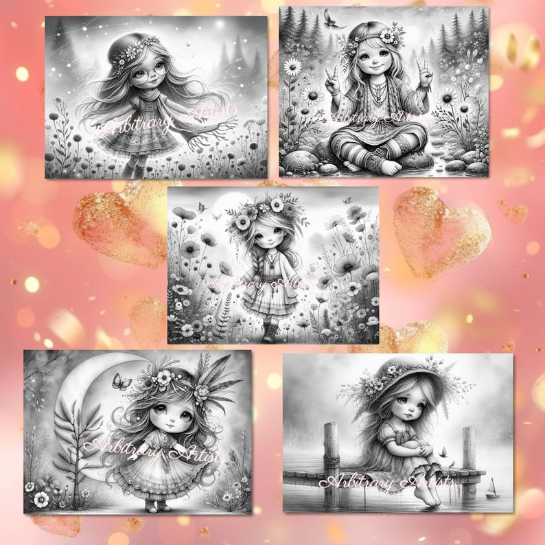 May include: Set of five black and white illustrations featuring girls with flowers and nature scenes. The illustrations are in a whimsical style and would be great for coloring.