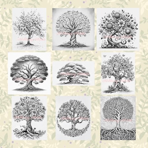 May include: Nine black and white pencil drawings of trees with various styles and details. Some trees have flowers, others have intricate roots, and some have a more realistic style.