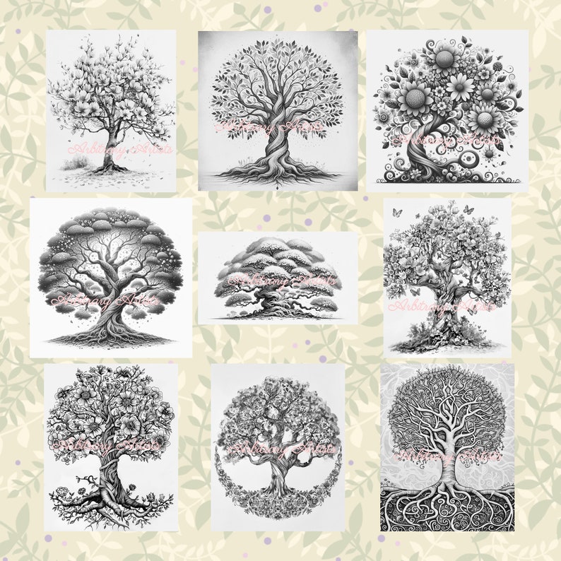May include: Nine black and white pencil drawings of trees with various styles and details. Some trees have flowers, others have intricate roots, and some have a more realistic style.