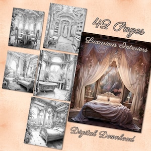 May include: A digital download of 42 coloring pages featuring luxurious interior designs. The pages include images of a bedroom, bathroom, and dining room.