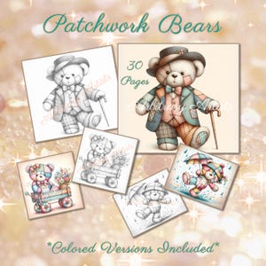 May include: A colouring book featuring 30 pages of patchwork bear illustrations. The cover shows a patchwork bear wearing a top hat and holding a cane. The text "Patchwork Bears" is displayed in a teal blue font. The text "Colored Versions Included" is displayed in a teal blue font at the bottom of the cover.