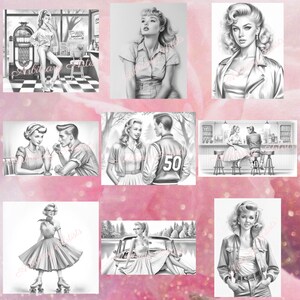 May include: A collection of nine black and white illustrations featuring people in 1950s style clothing. The illustrations depict various scenes, including a woman in a diner, a couple on roller skates, and a group of people at a bar.