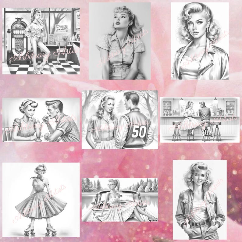 May include: A collection of nine black and white illustrations featuring people in 1950s style clothing. The illustrations depict various scenes, including a woman in a diner, a couple on roller skates, and a group of people at a bar.