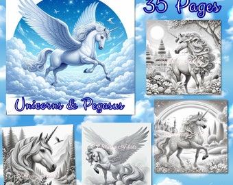 Unicorns & Pegasus 35 grayscale coloring pages