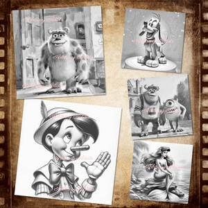 May include: Black and white illustrations of various Disney characters, including Pinocchio, Ariel, Sulley, Mike, and Pluto. The illustrations are in a collage style, with each character in a separate frame.