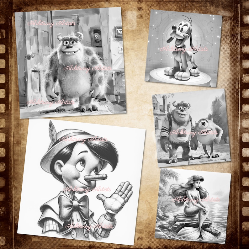 May include: Black and white illustrations of various Disney characters, including Pinocchio, Ariel, Sulley, Mike, and Pluto. The illustrations are in a collage style, with each character in a separate frame.