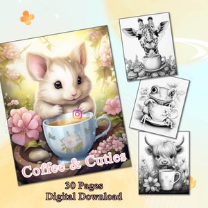 Coffee & Cuties 30 grayscale coloring pages