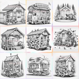 May include: A collection of black and white illustrations of whimsical garden sheds and mobile structures. The images depict various designs, including a shed with the text "MAN CAVE", a "SHE SHED", and structures adorned with flowers and birdhouses.