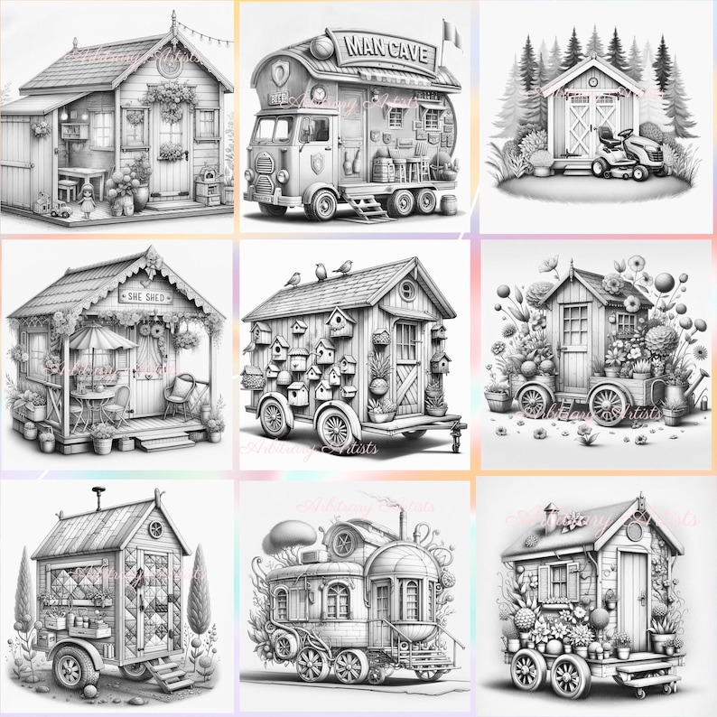 May include: A collection of black and white illustrations of whimsical garden sheds and mobile structures. The images depict various designs, including a shed with the text "MAN CAVE", a "SHE SHED", and structures adorned with flowers and birdhouses.