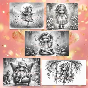 May include: A set of four black and white coloring pages featuring whimsical illustrations of girls with flowers and butterflies. Each page has a different design and features a girl with a unique hairstyle and outfit.