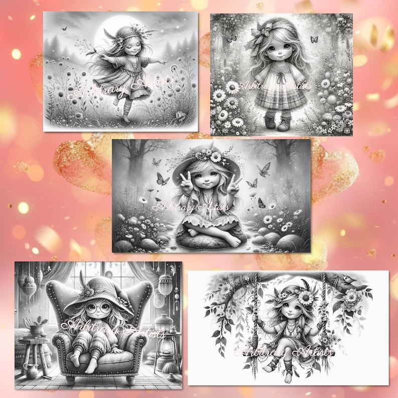 May include: A set of four black and white coloring pages featuring whimsical illustrations of girls with flowers and butterflies. Each page has a different design and features a girl with a unique hairstyle and outfit.