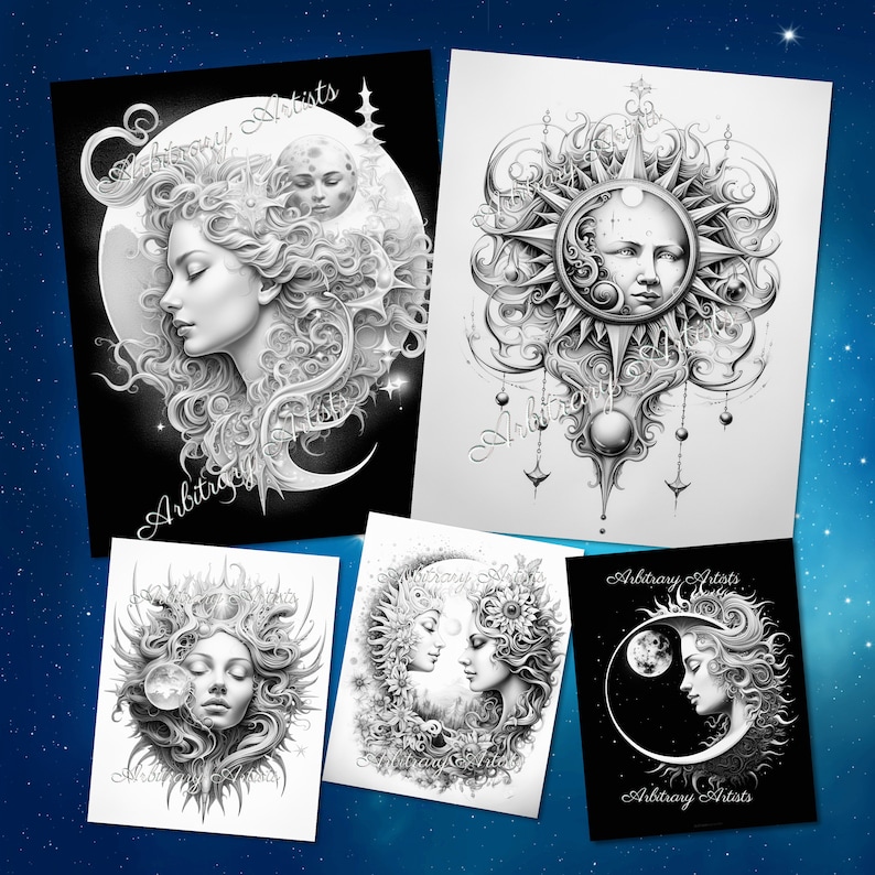 Puede incluir: Cuatro ilustraciones en blanco y negro de seres celestiales. La primera imagen presenta a una mujer con el pelo suelto y una luna creciente. La segunda imagen presenta un sol con una cara y detalles ornamentados. La tercera imagen presenta a dos mujeres con el pelo suelto, una con un sol y la otra con una luna. La cuarta imagen presenta a una mujer con el pelo suelto y una luna creciente.