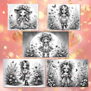 May include: Four black and white illustrations of girls with flowers in their hair and floral backgrounds. Each girl is wearing a different outfit and has a different expression on her face.