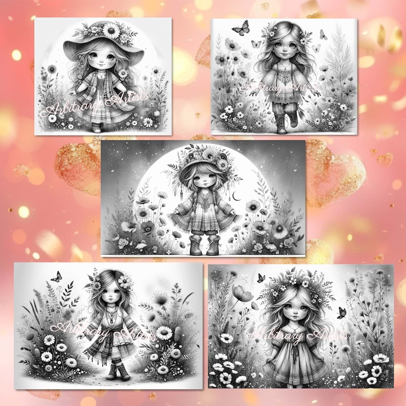 May include: Four black and white illustrations of girls with flowers in their hair and floral backgrounds. Each girl is wearing a different outfit and has a different expression on her face.