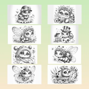 Puede incluir: Un conjunto de ocho ilustraciones digitales en blanco y negro que presentan lindas mariquitas de dibujos animados con diferentes accesorios y poses. Las mariquitas est&aacute;n rodeadas de flores y otros elementos de tem&aacute;tica natural.