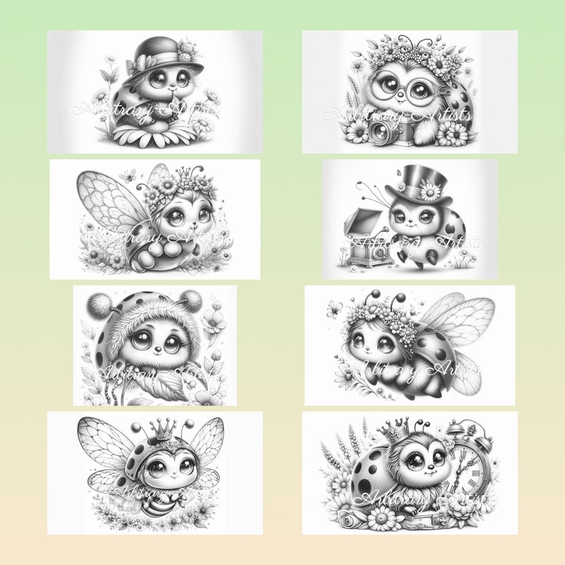 Puede incluir: Un conjunto de ocho ilustraciones digitales en blanco y negro que presentan lindas mariquitas de dibujos animados con diferentes accesorios y poses. Las mariquitas est&aacute;n rodeadas de flores y otros elementos de tem&aacute;tica natural.