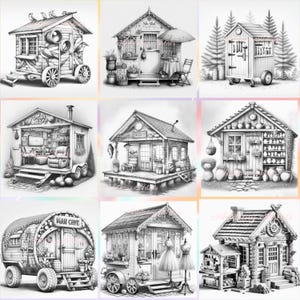 May include: A collection of nine black and white illustrations of small, detailed structures. The structures include tiny houses, sheds, and mobile dwellings, each with unique architectural features and decorative elements. Some have wheels, while others are stationary.