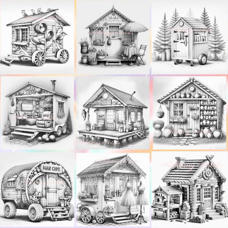 May include: A collection of nine black and white illustrations of small, detailed structures. The structures include tiny houses, sheds, and mobile dwellings, each with unique architectural features and decorative elements. Some have wheels, while others are stationary.