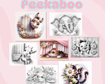Puede incluir: Seis ilustraciones en blanco y negro de animales asomándose desde detrás de objetos. Los animales incluyen un burro, un elefante, una cabra, un gato, un cerdo y una mofeta. El texto "Peekaboo" está escrito en letras rosas en la parte superior de la imagen.