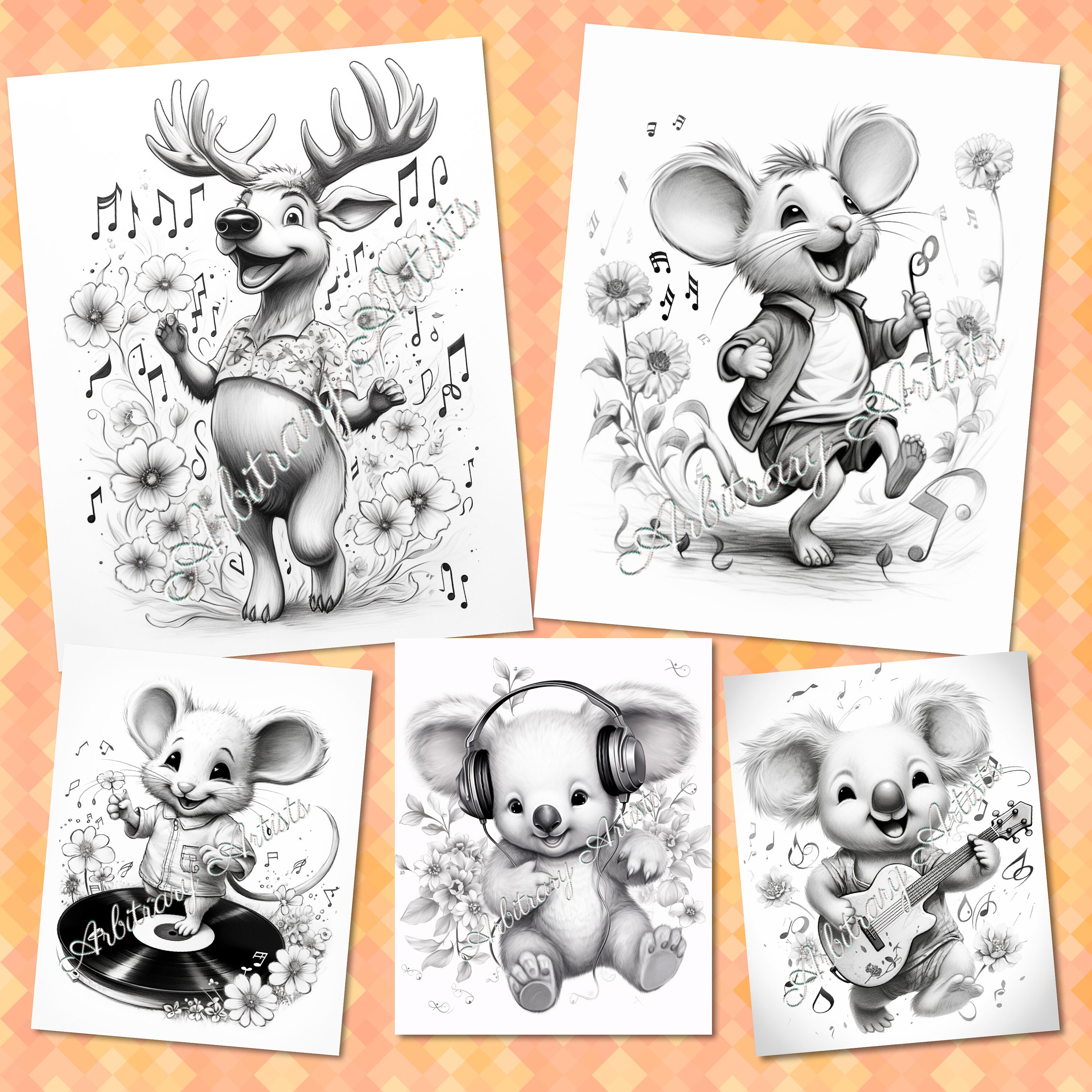 Party Animals 35 Fun Adorable Grayscale Coloring Pages - Etsy