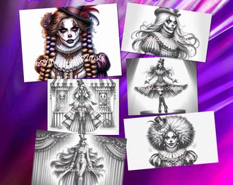 May include: Five black and white illustrations of women dressed as clowns. The illustrations are part of a collection called "Dark Circus Vol. 1".