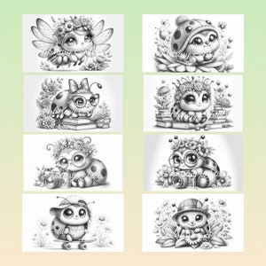 Puede incluir: Ocho ilustraciones en blanco y negro de mariquitas con diferentes accesorios y poses. Las mariquitas llevan gafas, sombreros y flores. Algunas llevan libros, c&aacute;maras y monopatines. Las ilustraciones son de estilo de dibujos animados.