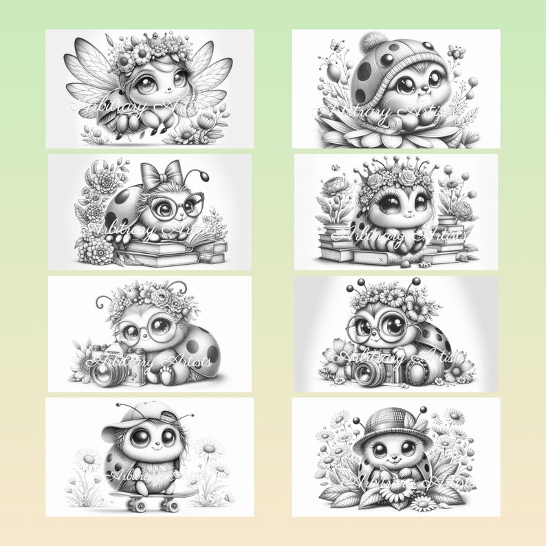 Puede incluir: Ocho ilustraciones en blanco y negro de mariquitas con diferentes accesorios y poses. Las mariquitas llevan gafas, sombreros y flores. Algunas llevan libros, c&aacute;maras y monopatines. Las ilustraciones son de estilo de dibujos animados.