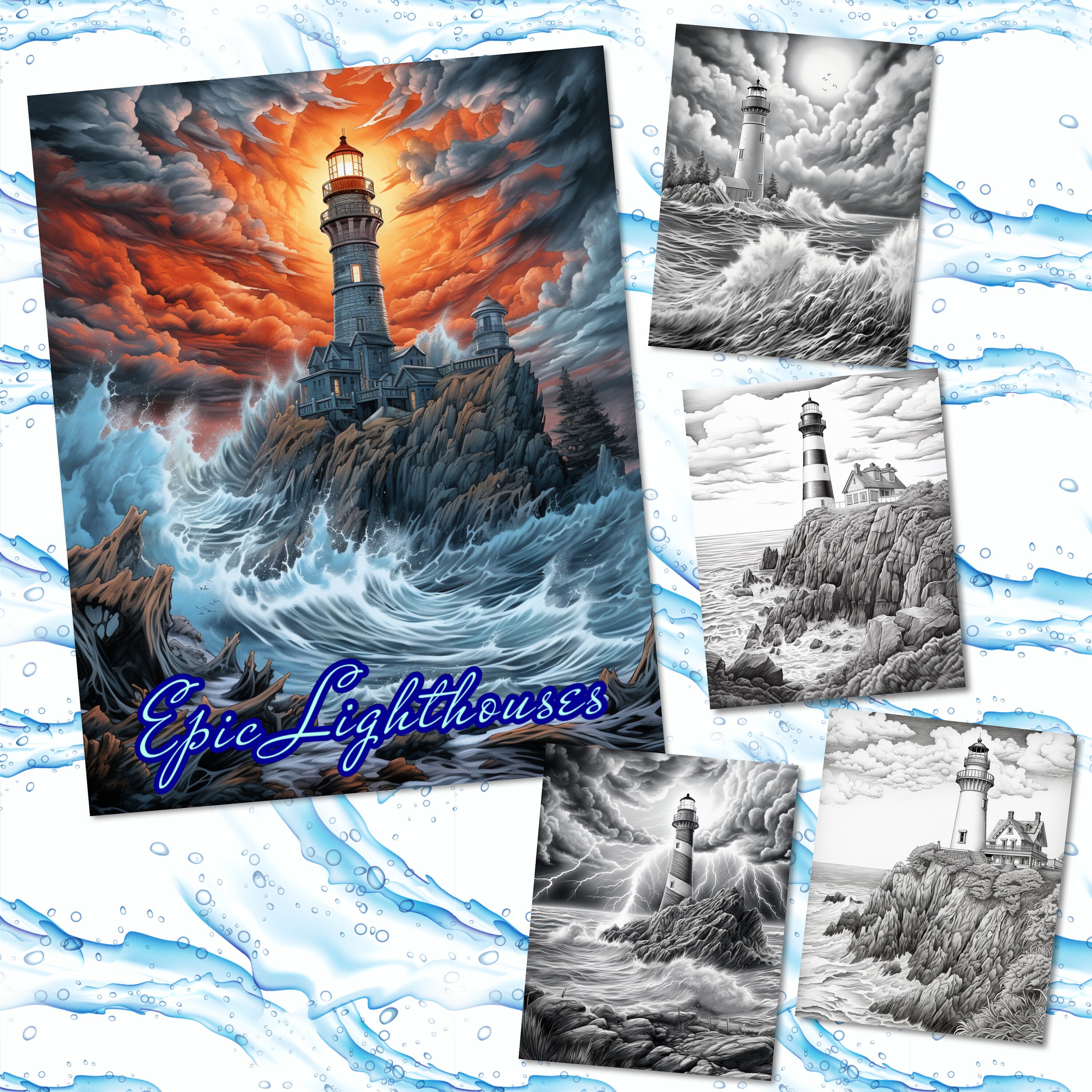 Epic Lighthouses 35 adult grayscale coloring pages