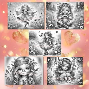 May include: A set of five black and white illustrations featuring whimsical girls with flowers in their hair. The girls are dressed in various styles, including a dress, a skirt and top, and a pair of jeans and a shirt. The illustrations are perfect for coloring books, greeting cards, or other creative projects.