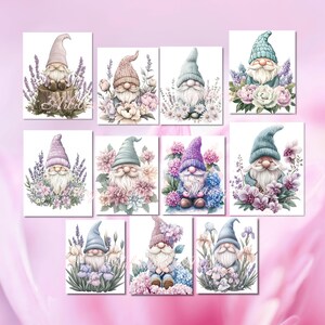 May include: Set of ten digital illustrations featuring gnomes in various poses surrounded by flowers. The gnomes are wearing different colored hats and have white beards. The flowers are in shades of pink, purple, and blue.