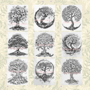 May include: Set of nine black and white pencil drawings of trees. Each drawing features a unique tree design with intricate details and a variety of styles, including a tree with flowers, a tree with a circle around it, and a tree with roots.