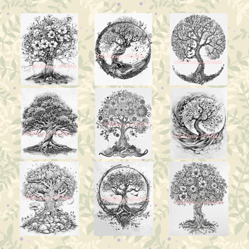 May include: Set of nine black and white pencil drawings of trees. Each drawing features a unique tree design with intricate details and a variety of styles, including a tree with flowers, a tree with a circle around it, and a tree with roots.