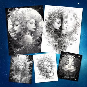 Puede incluir: Cuatro ilustraciones en blanco y negro de rostros de mujeres con detalles intrincados. Cada ilustraci&oacute;n presenta un rostro de mujer con cabello suelto y un cuerpo celeste, como una luna o un sol, detr&aacute;s de ella. Las ilustraciones est&aacute;n en un estilo que recuerda al arte fant&aacute;stico.