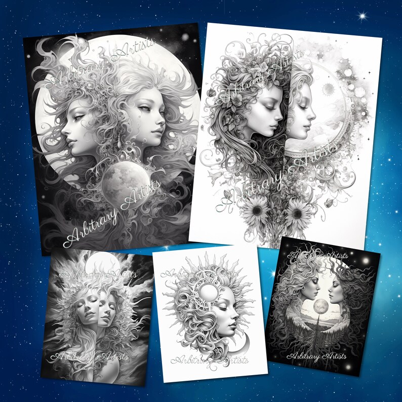 Puede incluir: Cuatro ilustraciones en blanco y negro de rostros de mujeres con detalles intrincados. Cada ilustraci&oacute;n presenta un rostro de mujer con cabello suelto y un cuerpo celeste, como una luna o un sol, detr&aacute;s de ella. Las ilustraciones est&aacute;n en un estilo que recuerda al arte fant&aacute;stico.