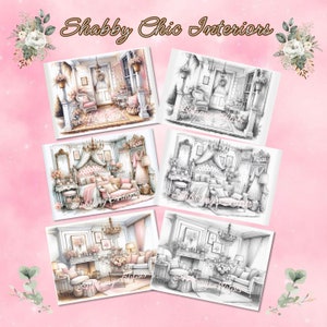 May include: Four printable coloring pages featuring shabby chic interior design. Each page shows a different room, including a living room, bedroom, and porch. The images are in both color and black and white.