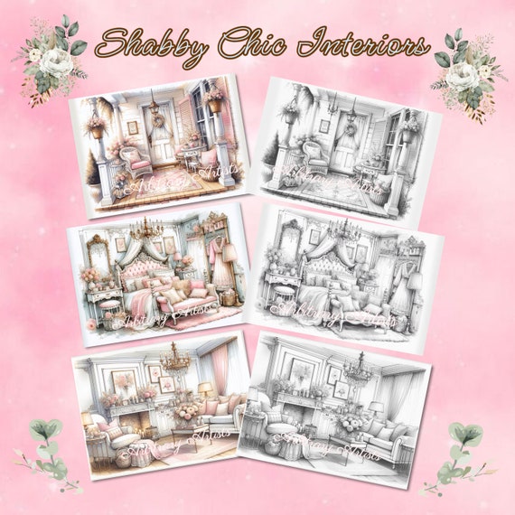 Shabby Chic Interiors 33 grayscale coloring pages watercolor digital download