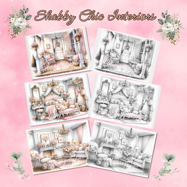 Puede incluir: Cuatro p&aacute;ginas para colorear imprimibles con dise&ntilde;o de interiores shabby chic. Cada p&aacute;gina muestra una habitaci&oacute;n diferente, incluyendo una sala de estar, un dormitorio y un porche. Las im&aacute;genes est&aacute;n en color y en blanco y negro.