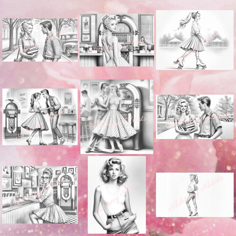 May include: A collection of nine black and white pencil drawings depicting scenes from the 1950s. The drawings feature couples dancing, roller skating, and enjoying a day at the diner.
