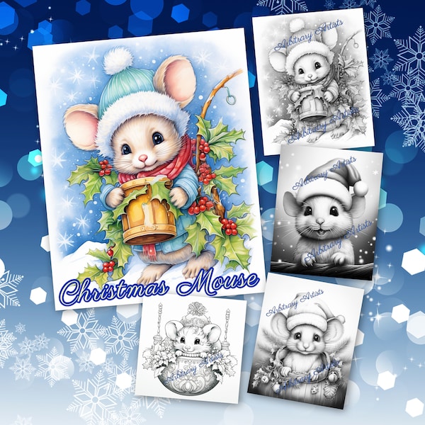 Christmas Mouse 25 adult grayscale coloring pages