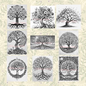 May include: A set of nine black and white illustrations of trees. Each tree is unique and intricate, with detailed branches, leaves, and roots. The trees are drawn in a realistic style, with a focus on the natural beauty of the subject.