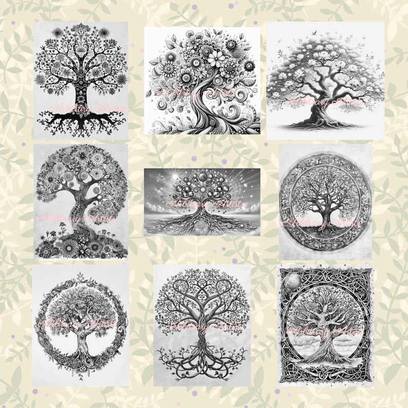 May include: A set of nine black and white illustrations of trees. Each tree is unique and intricate, with detailed branches, leaves, and roots. The trees are drawn in a realistic style, with a focus on the natural beauty of the subject.