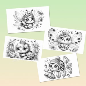 Puede incluir: Cuatro ilustraciones en blanco y negro de lindas hadas mariquitas con alas, flores y otros detalles. Cada ilustraci&oacute;n est&aacute; sobre un fondo blanco separado.