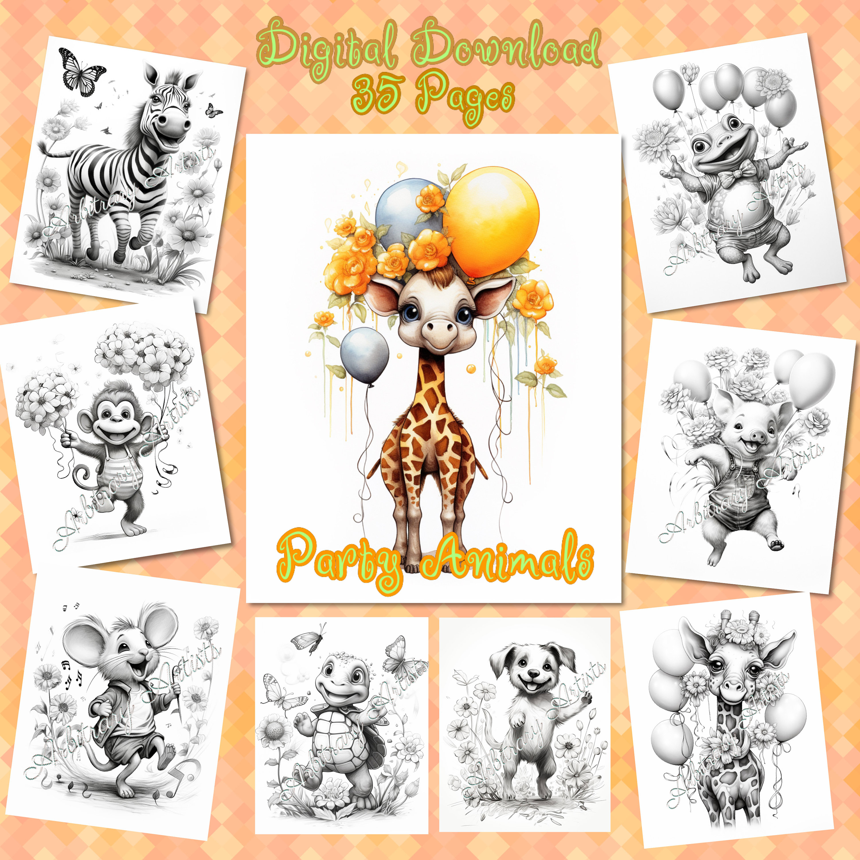 Party Animals 35 Fun Adorable Grayscale Coloring Pages - Etsy