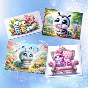 Pode incluir: Quatro estampas art&iacute;sticas caprichosas com ador&aacute;veis ​​lagartas de desenho animado. Uma estampa mostra duas lagartas com flores, outra uma lagarta em preto e branco em um campo, uma lagarta azul com borboletas e uma lagarta rosa em uma cadeira rosa.